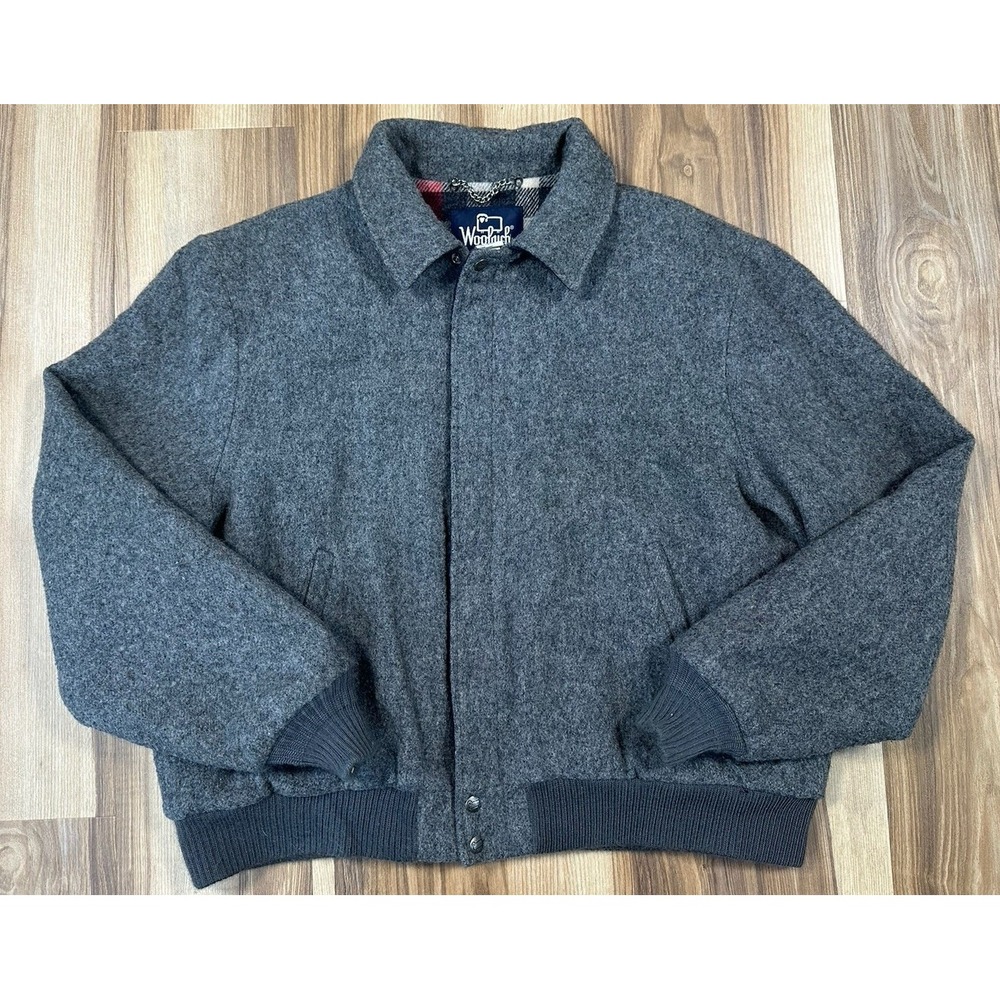 Vintage Woolrich Jacket Mens XL Gray Wool Bomber Full Zip Collared Flannel Lined